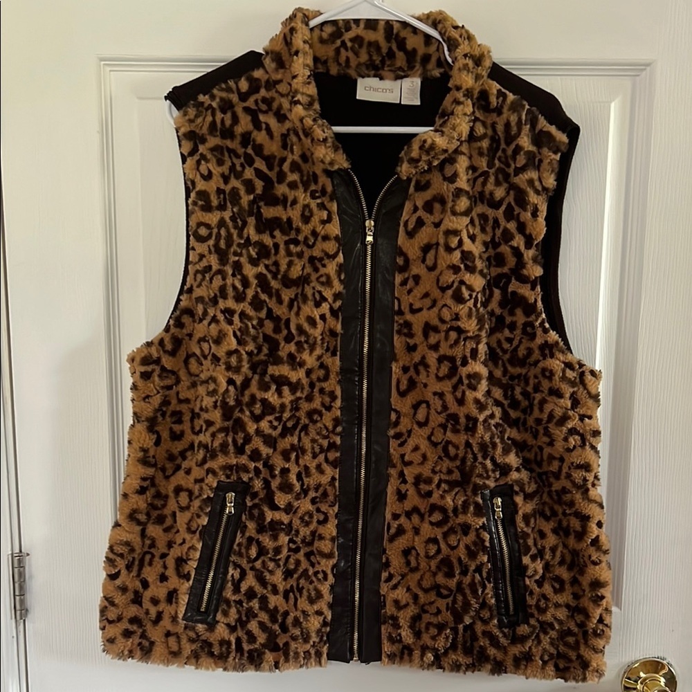 Chico's Tan and Black Leopard Faux Fur Vest